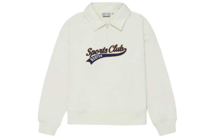 New Balance New Balance Lapel Fleece Lined Pullover Embroidery Logo Half Zip Semi Open Collar Sweatshirt Women's Ivory White