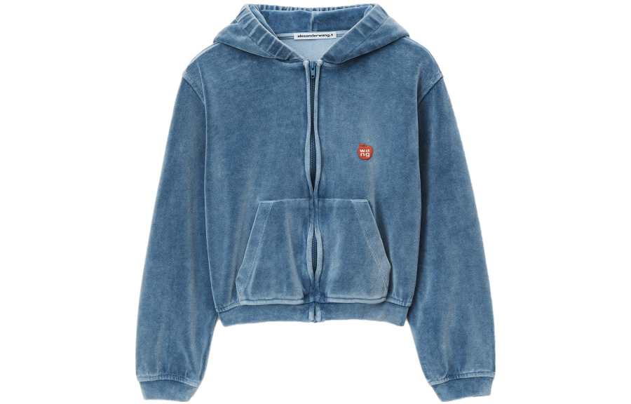 Alexander Wang T By Alexander Wang Apple Logo Shrunken Zip Up Hoodie Washed Bluestone