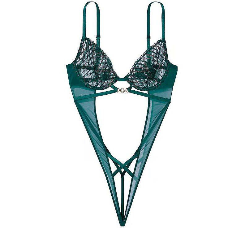 Victoria's Secret VERY SEXY Shimmer Embroidery Crotchless Teddy/Green Jumpsuit Women's Green