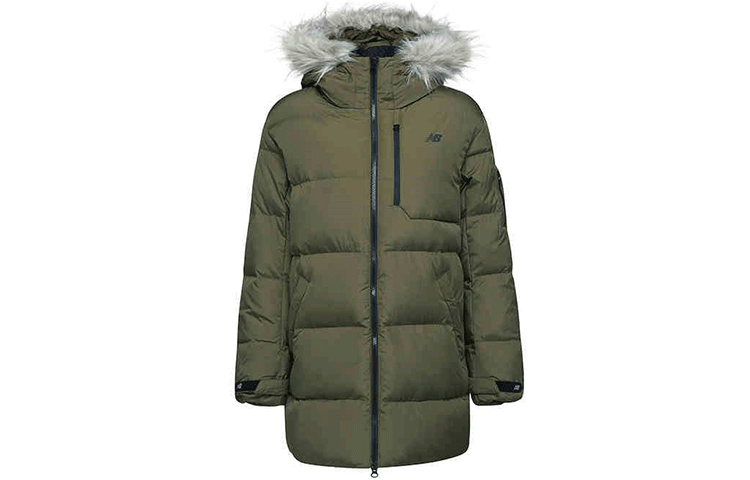 New Balance New Balance Thermal Letter Solid Color Hooded Mid Length Down Jacket Women's Army Green