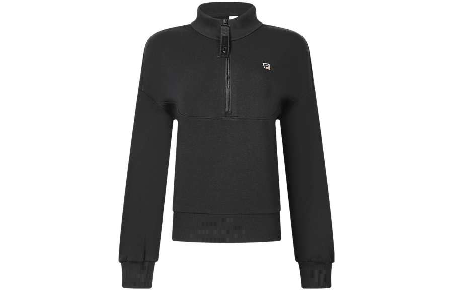FILA Solid Color Stand Collar Fitness Fleece Lined Pullover Long Sleeved Sweatshirt Women's Pitch Black