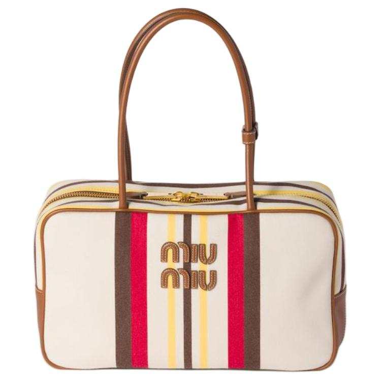 MIU MIU Beau Cotton Handbag, Shoulder Bag Women's Beige & Dark Brown