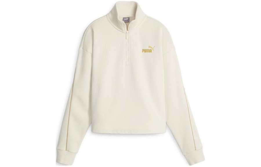 PUMA ESSENTIALS+MINIMAL GOLD Half Zip Mock Neck Fleece Sweatshirt Women's White