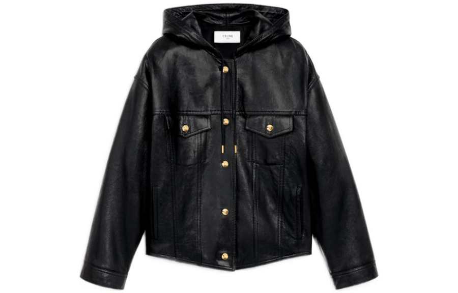 CELINE Leather Jackets Women's Black Hooded Moderate Other