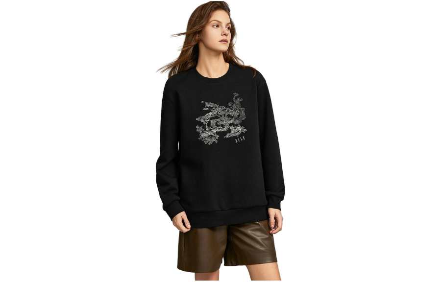 ELLE Sweatshirts Women's Black Crew Neck Moderate Other
