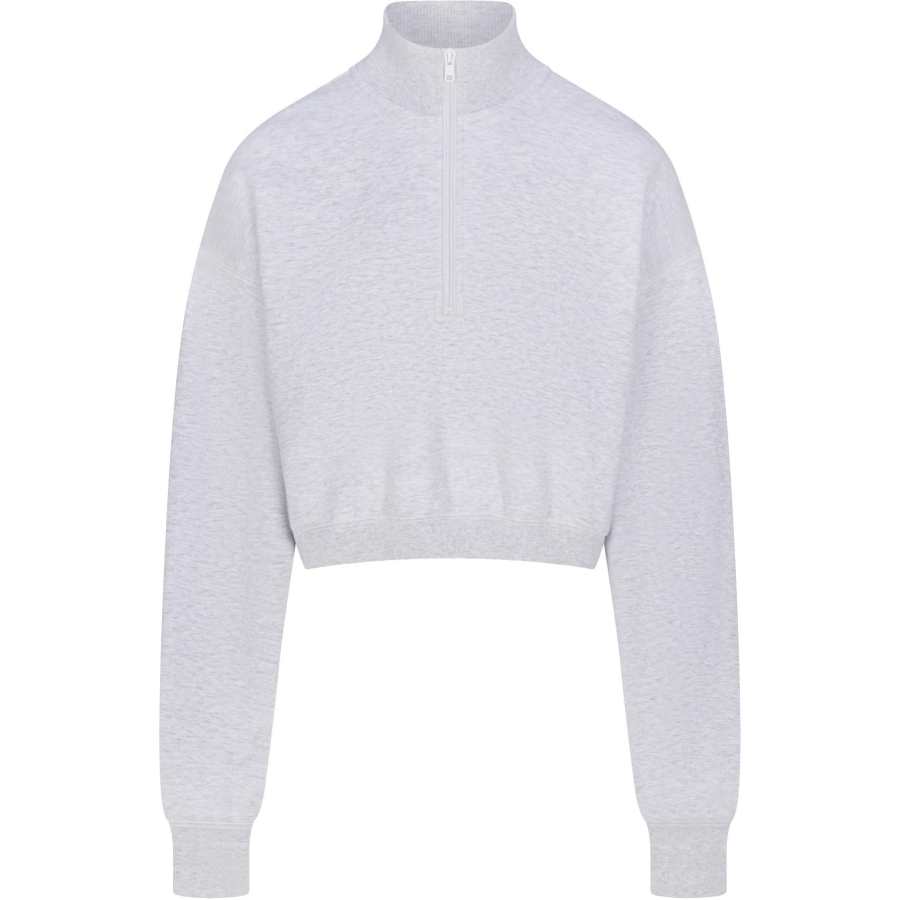 Skims FW24 COTTON FLEECE CROPPED HALF ZIP PULLOVER Sweatshirt Women's LIGHT HEATHER GREY/Light Heather Gray