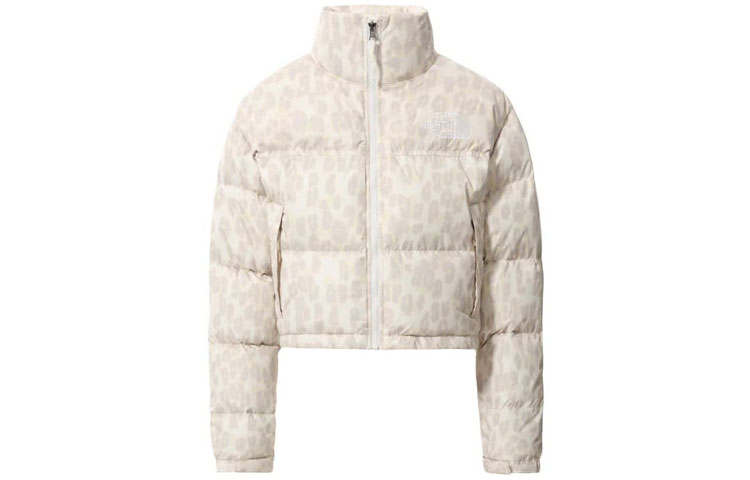 THE NORTH FACE Women'ss Printed Nuptse 700 Fill Short Jacket Silver Grey Leopard Print