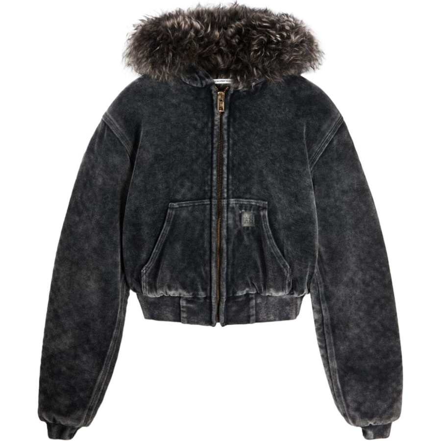 Alexander Wang T By Alexander Wang Velour Workwear Shearling Trim Hood Hoodie Washed Slate
