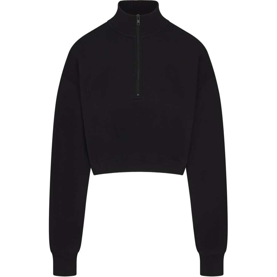 Skims FW24 COTTON FLEECE CROPPED HALF ZIP PULLOVER Sweatshirt Women's ONYX/Onyx