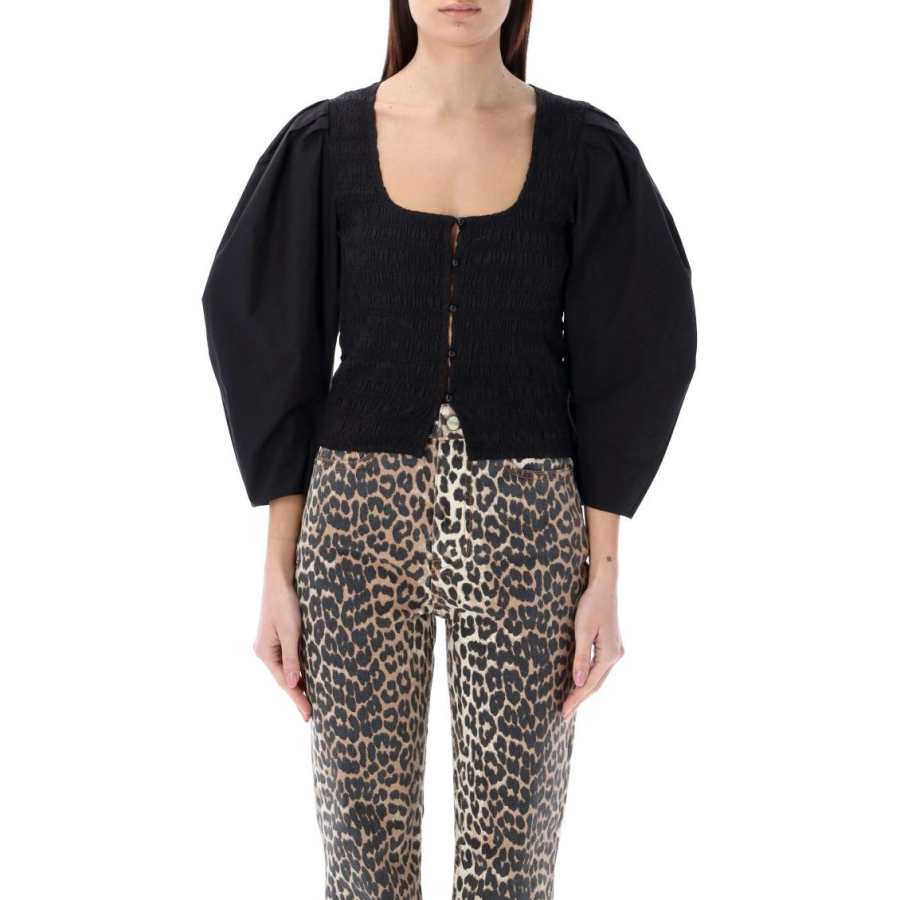GANNI U-Neck Buttoned Cropped Blouse