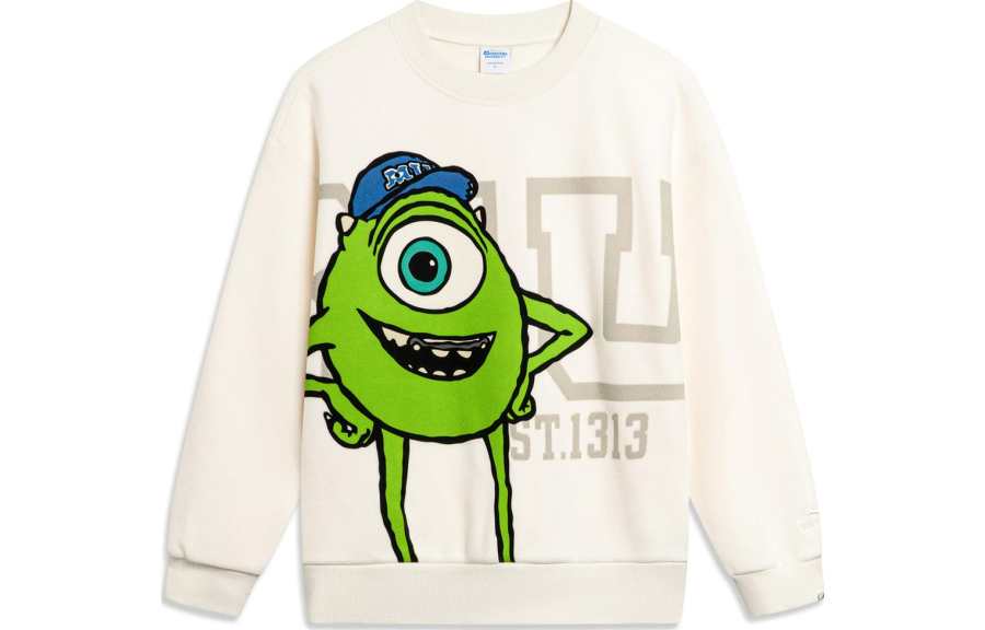 Li-Ning Li Ning x Disney Monsters University, Pullover Crew Neck Loose Fit Fleece Lined Long Sleeved Sweatshirt Women's Ecru
