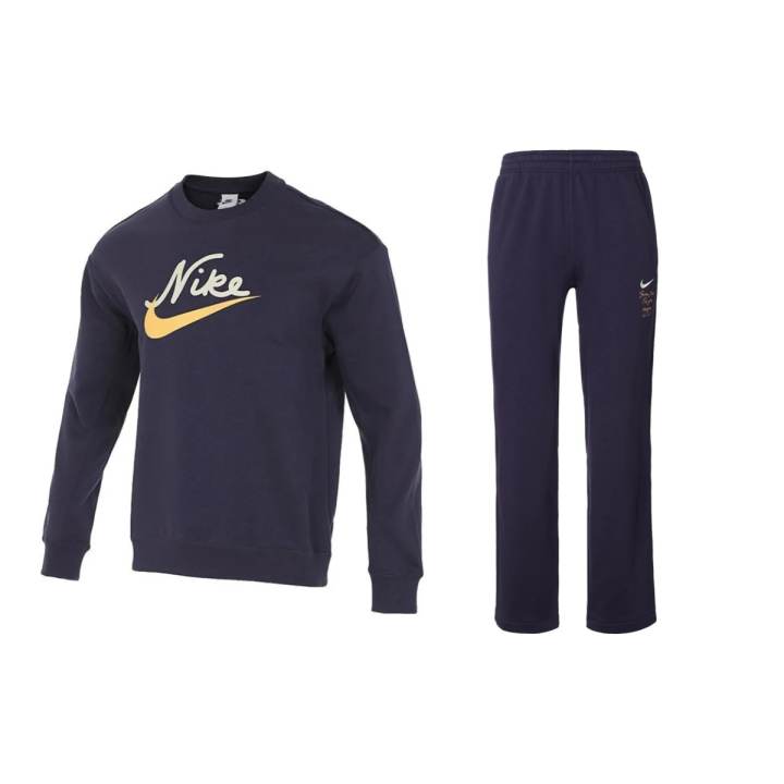 Nike Nike Logo Letter Pattern Crew Neck Sweatshirt With Fleece Lined Loose Fit Pants Casual Sportswear Men's Dark Purple