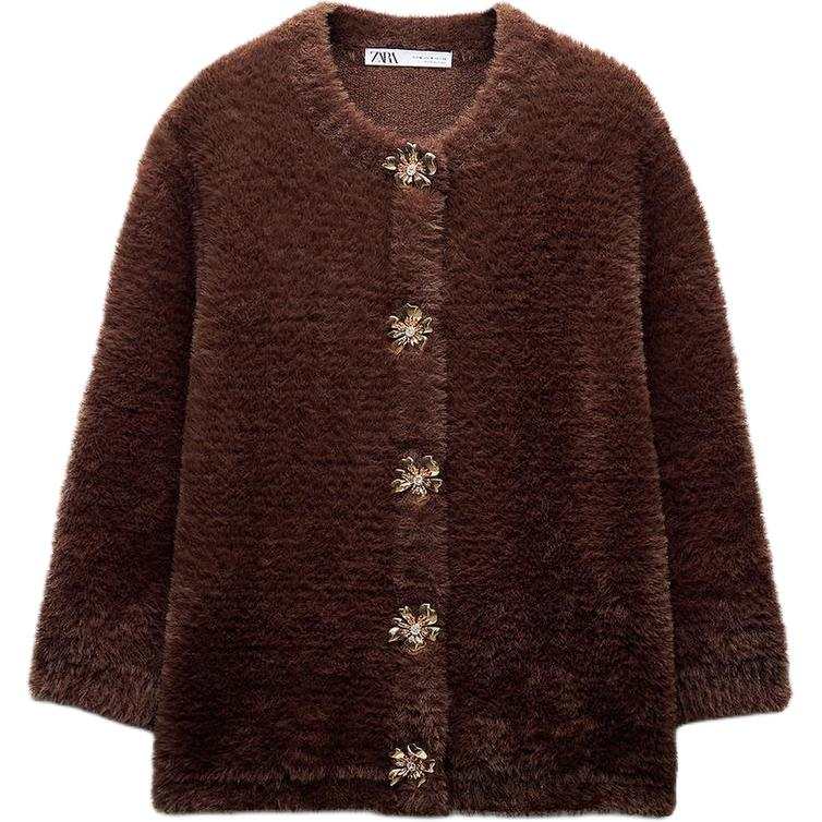 ZARA Knitwear Women's Brown Crew Neck Moderate Cardigan
