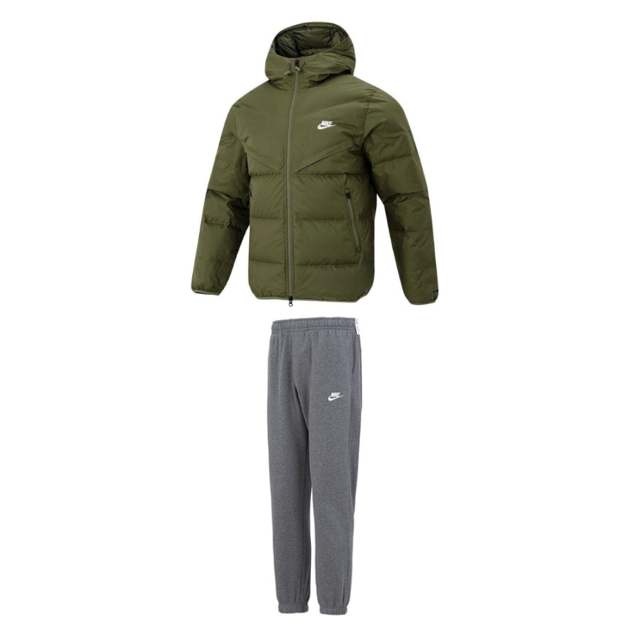 Nike Nike Casual Sportswear Men's Army Green Top+Gray Bottom Hooded Thickened And Fleece Lined