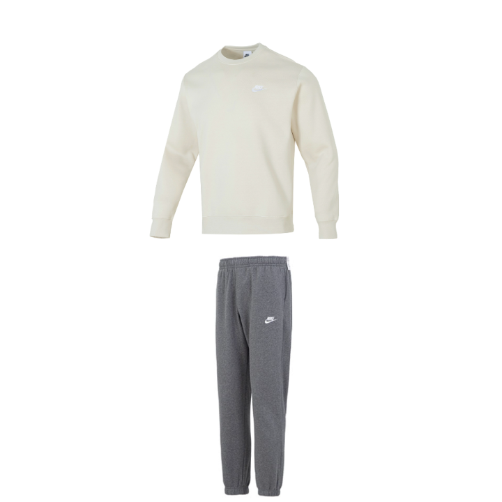 Nike Nike Casual Sportswear Men's Set Beige Top+Gray Bottom Crew Neck Thickened And Fleece Lined