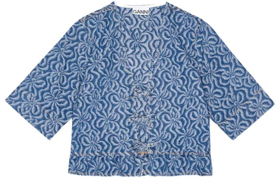 GANNI Acquard Denim Flounce Tie Blouse Shirt Women's Blue
