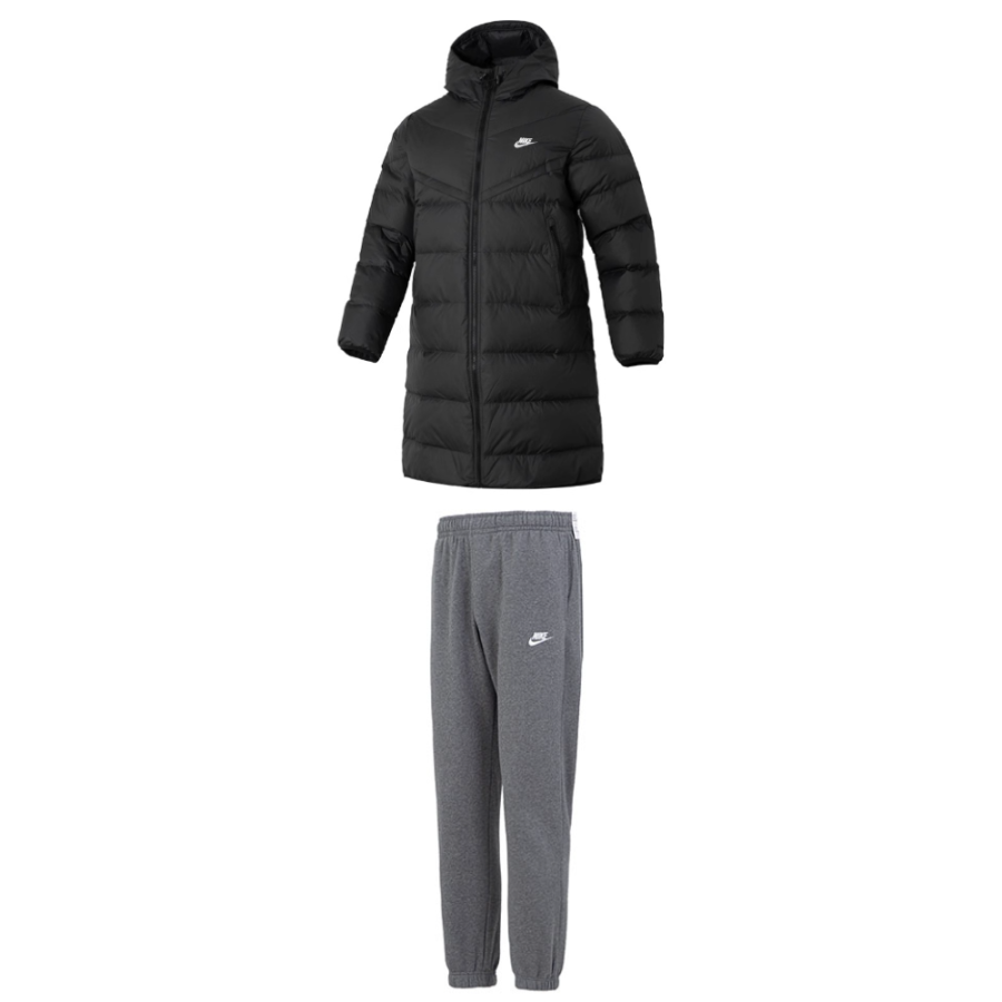 Nike Nike Casual Sportswear Men's Black Top+Gray Bottom Hooded Thickened And Fleece Lined