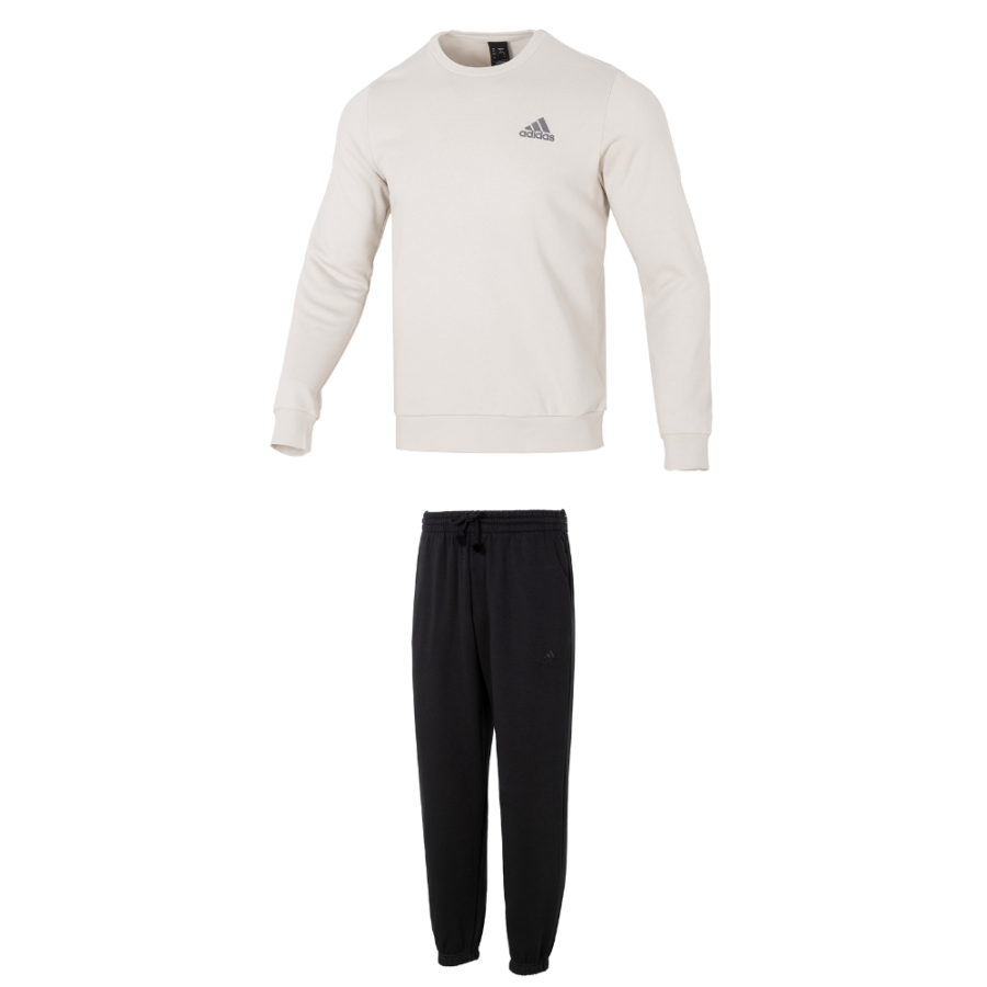 Adidas Adidas Casual Sportswear Men's Clothing Set White Top+Black Pants Crew Neck Thickened And Fleece Lined