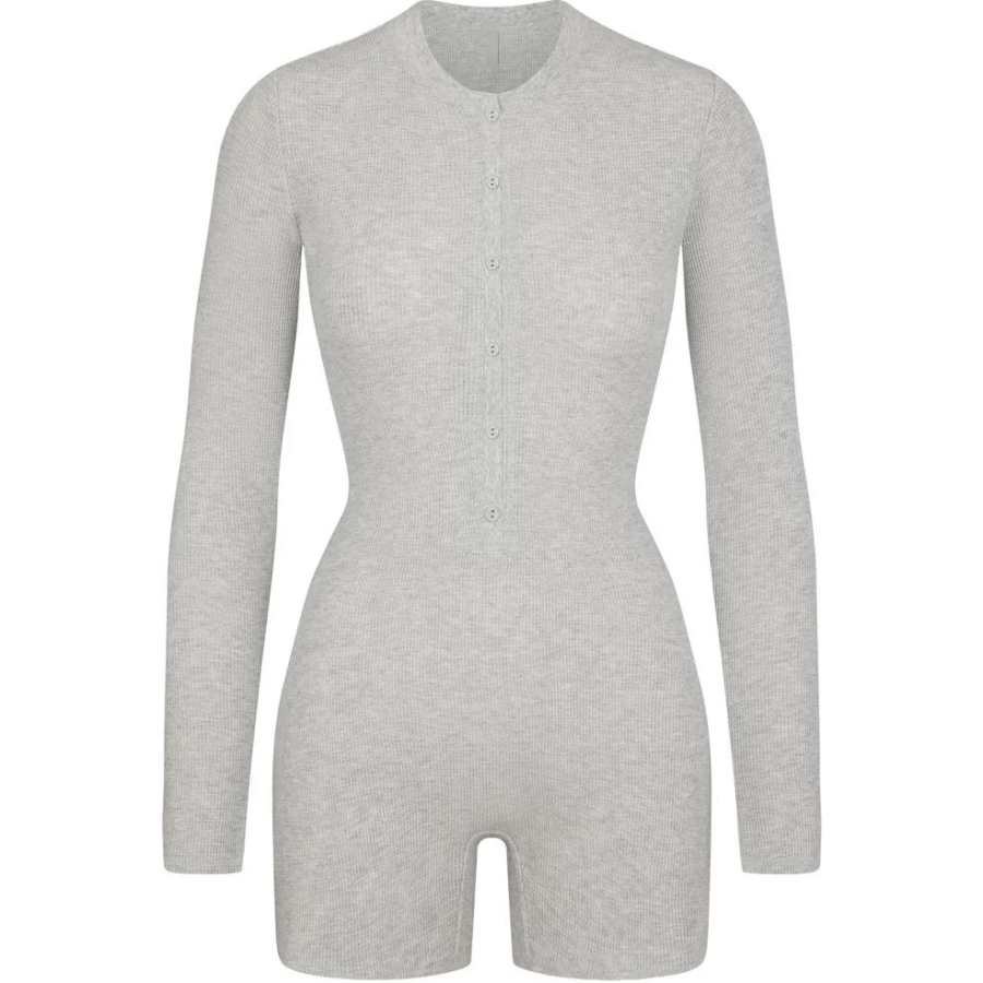 Skims WAFFLE BUTTON UP HENLEY ONESIE Jumpsuit Women's LIGHT HEATHER GREY/Light Gray