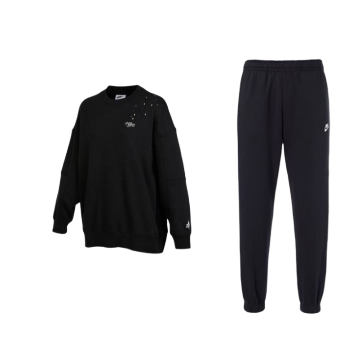 Nike Nike Back Logo Embroidered Crew Neck Long Sleeved Sweatshirt With Elastic Cuff Pants Casual Sportswear Men's Black