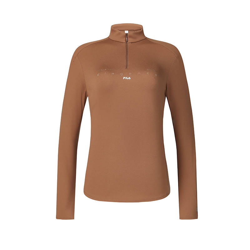 FILA Fitness Slim Fit Comfortable Stand Collar Fleece Lined Long Sleeved T Shirt Women's Chestnut Brown