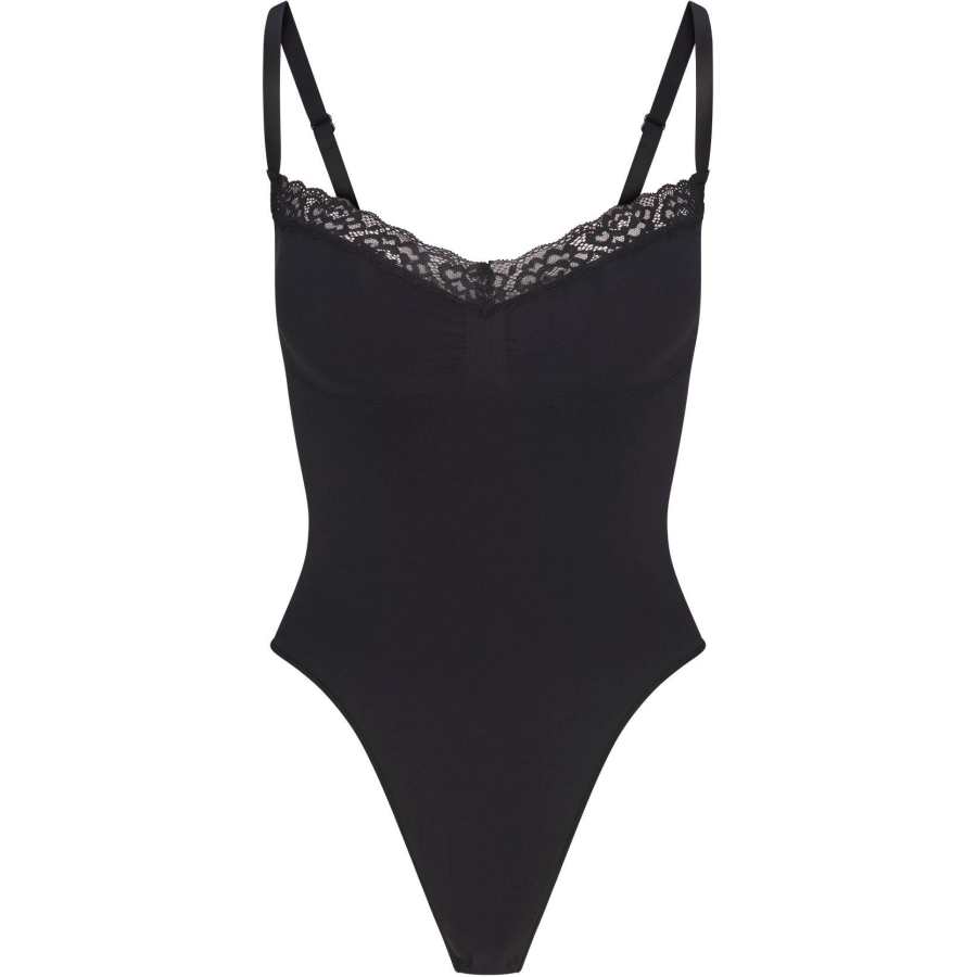 Skims Valentine's Day Collection SS25 SEAMLESS SCULPT LACE THONG BODYSUIT Jumpsuit Women's Onyx/Agate