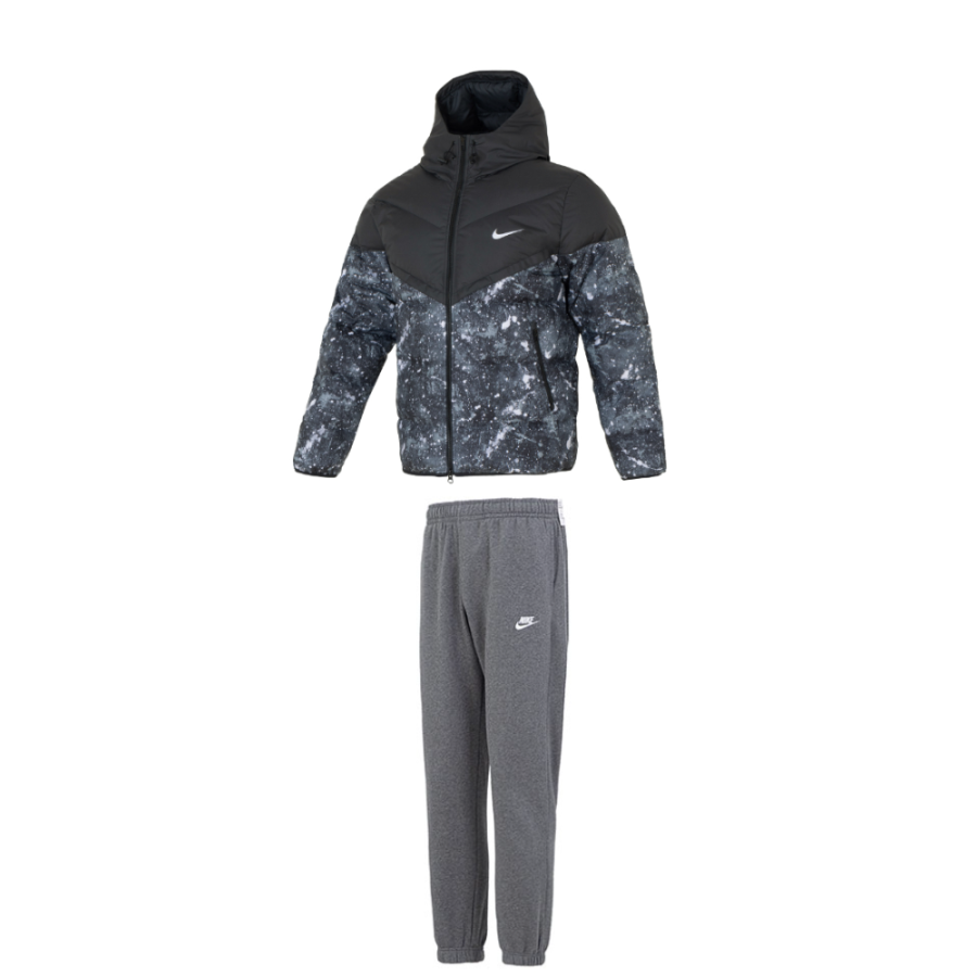 Nike Nike Casual Sportswear Men's Clothing Set Black Top+Gray Bottom Hooded Thickened And Fleece Lined