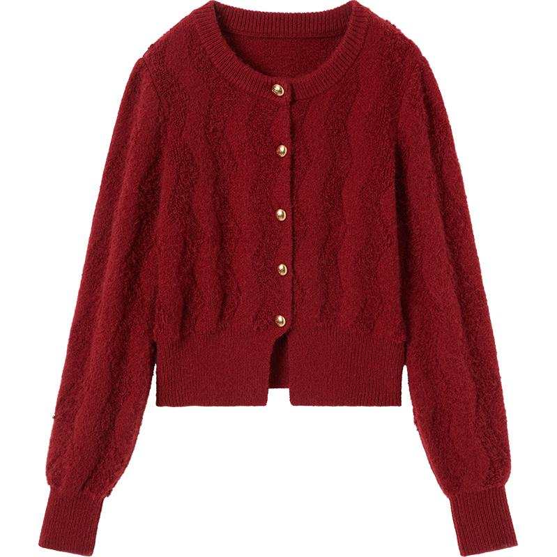 XIANGYING Knitwear Women's Red Crew Neck Moderate Cardigan