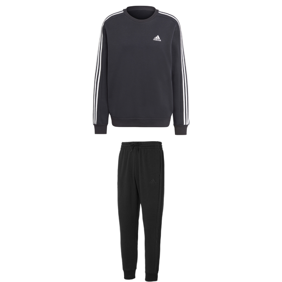 Adidas Adidas Striped Round Neck Pullover Hoodie Elastic Cuff Fleece Lined Warm Pants Casual Sportswear Men's Black