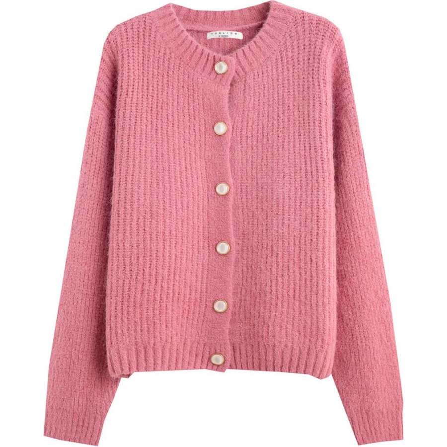 Tonlion Knitwear Women's Dark Pink Crew Neck Moderate Cardigan