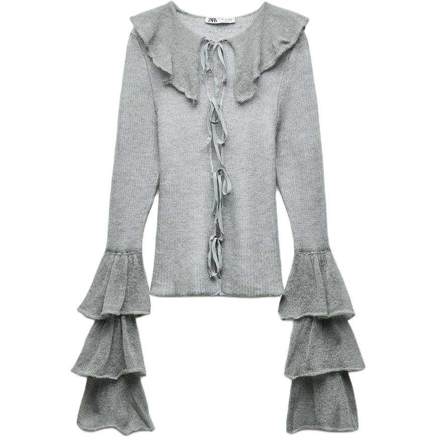 ZARA Knitwear Women's Gray Crew Neck Moderate Cardigan