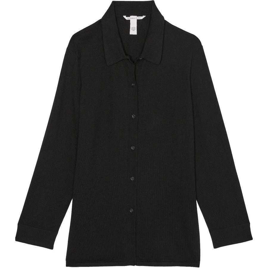 Victoria's Secret Luxe Crème Knit Button Up Shirt/BLACK Knitwear Women's Black