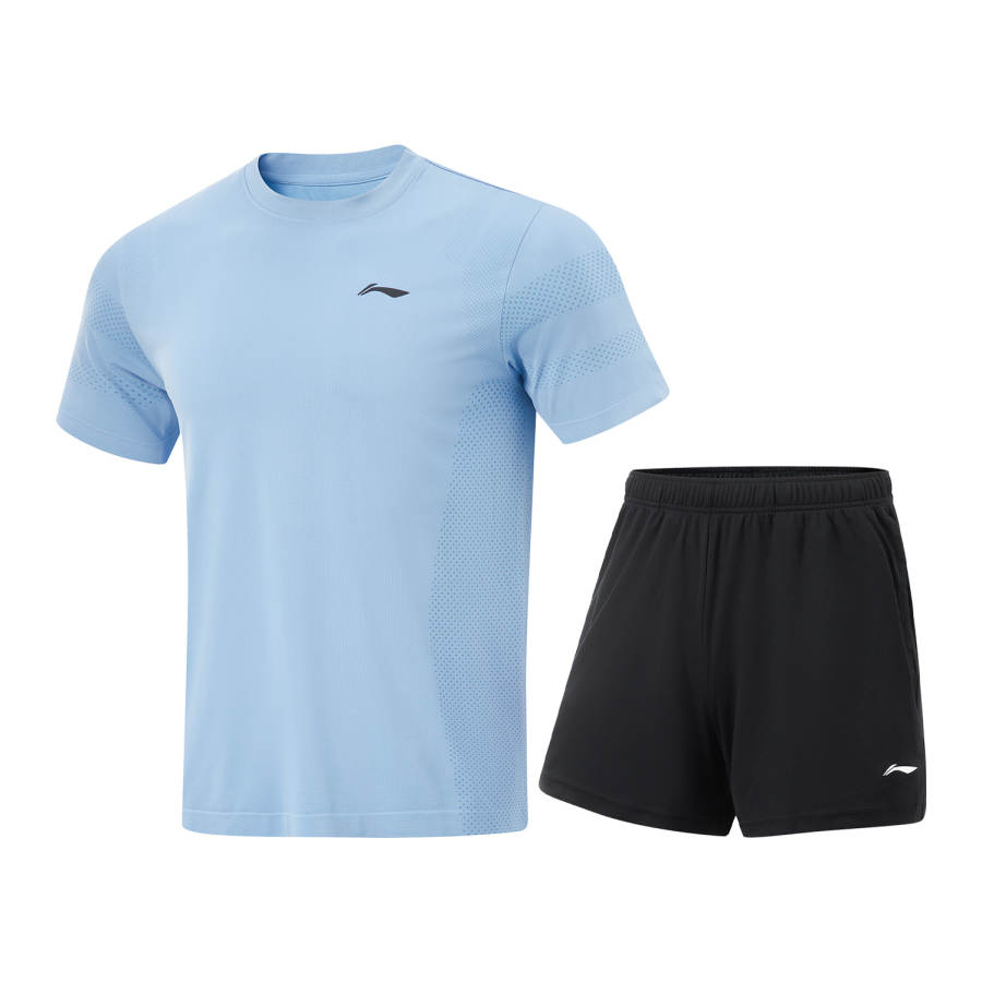 Li-Ning Li Ning Table Tennis Collection Casual Sportswear Men's Set Snow Blue Top+Black Shorts Crew Neck Moderate