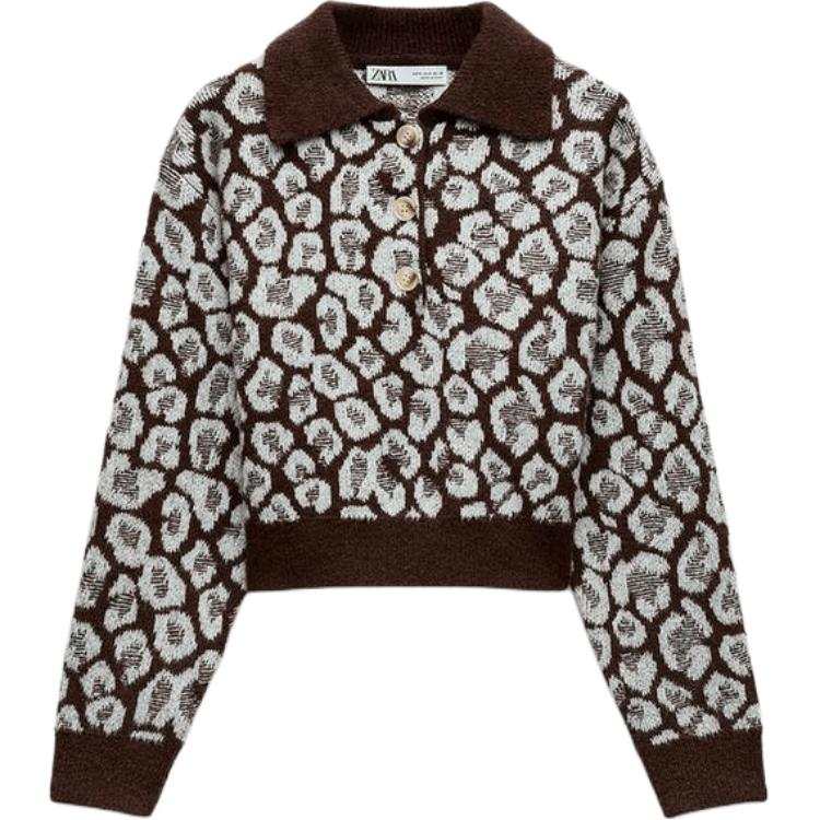 ZARA New Year SS25 Snakeskin Print Jacquard Pattern Minimalist Style Long Sleeved Polo Shirt Polo Shirt Women's Brown