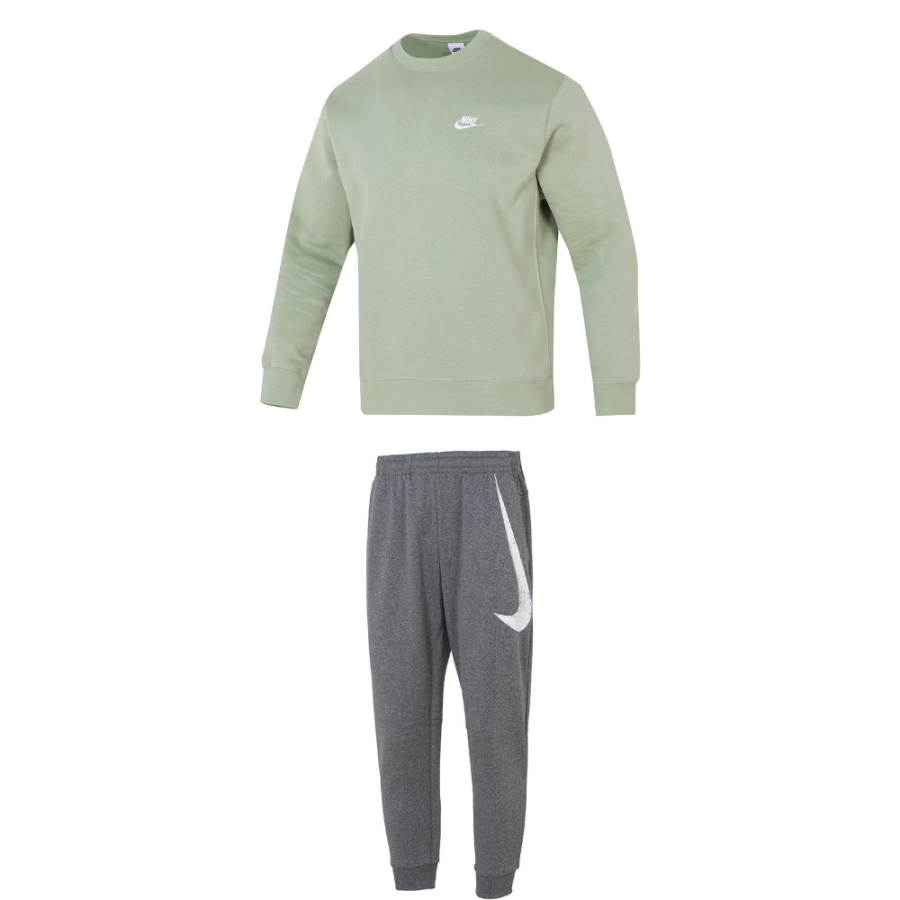 Nike Nike Casual Sportswear Men's Set Green Top+Gray Pants Crew Neck Thickened And Fleece Lined