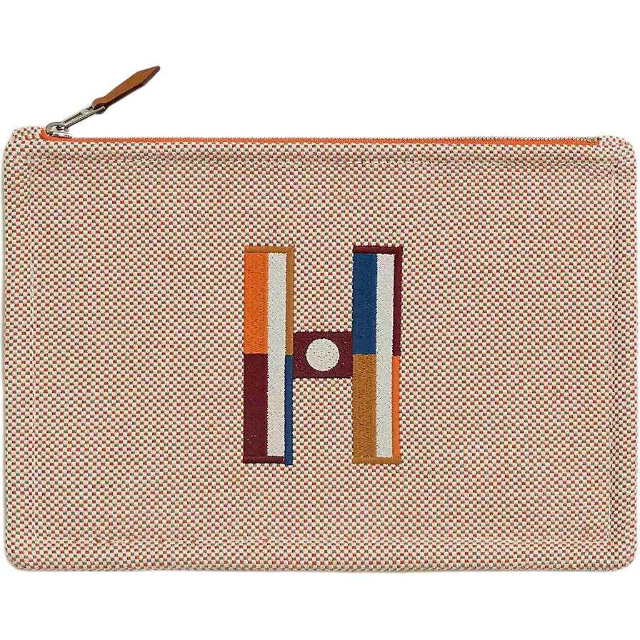 HERMES Cotton Travel Storage Bag Trumpets Unisex Orange & Light Taupe