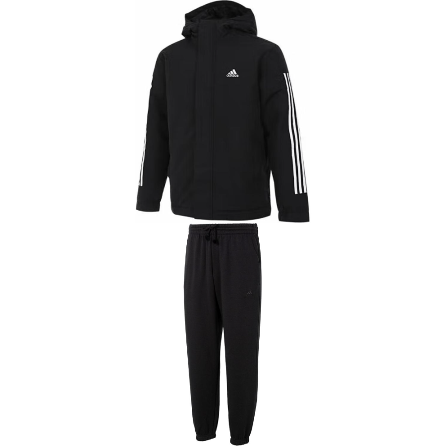Adidas Adidas Hooded Zipper Stripes Short Puffer Jacket With Fleece Lined Thermal Elastic Cuff Pants Casual Sportswear Men's