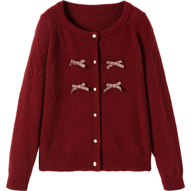 XIANGYING Knitwear Women's Red Crew Neck Moderate Cardigan