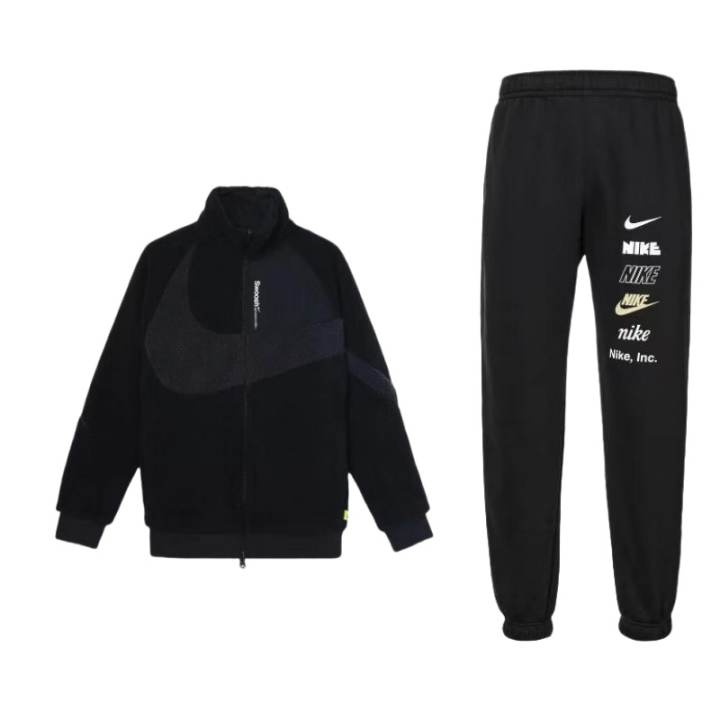 Nike Nike Thickened And Fleece Lined Thermal Stand Collar Top Elastic Pants Casual Sportswear Men's Black
