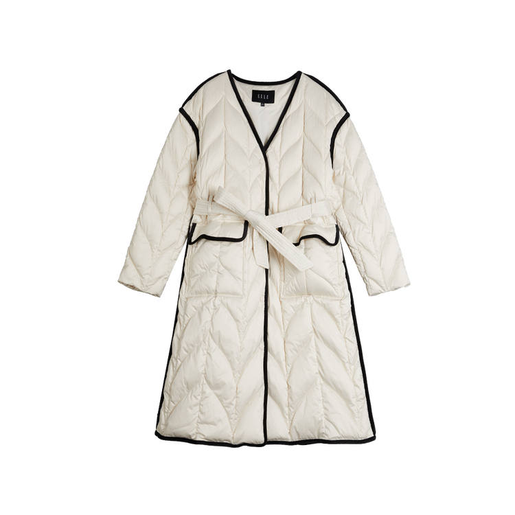 ELLE Down Jackets Women's Ecru V Neck Moderate Down Coat