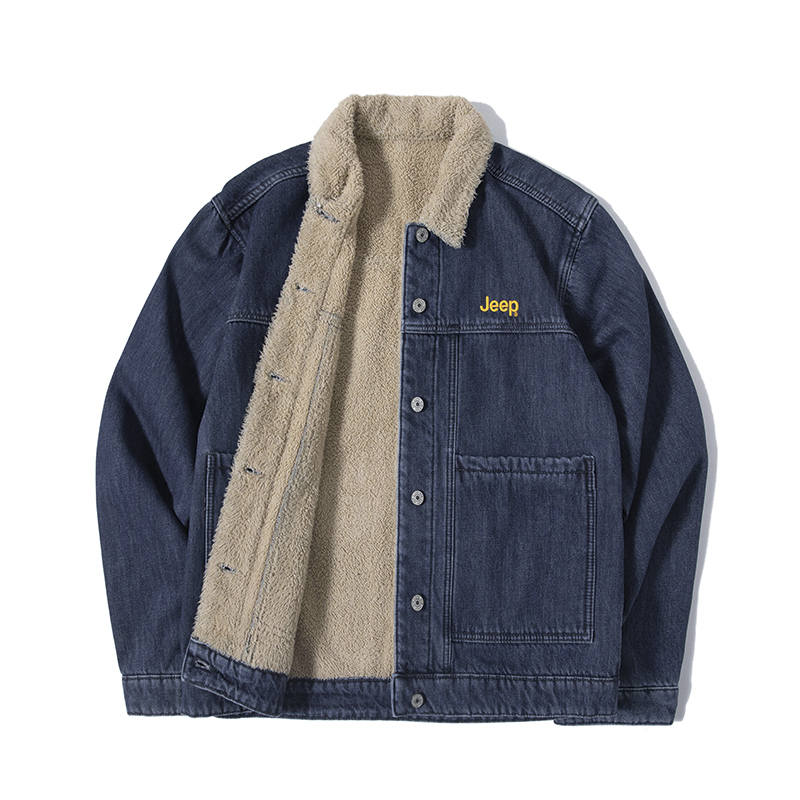 Jeep Denim Jackets Men's Lapel Thickened And Fleece Lined Straight Fit