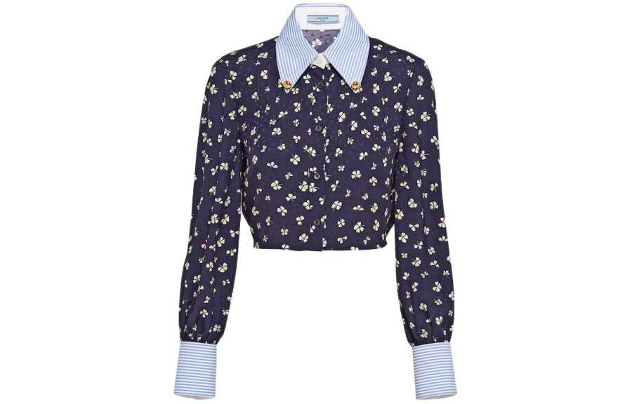 PRADA Silk Jacquard Print Shirt Women's Marine Blue