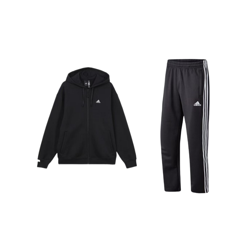 Adidas Adidas Hooded Zippered Thickened And Fleece Lined Jackets & Coats With Elastic Stripes Pants Casual Sportswear Men's