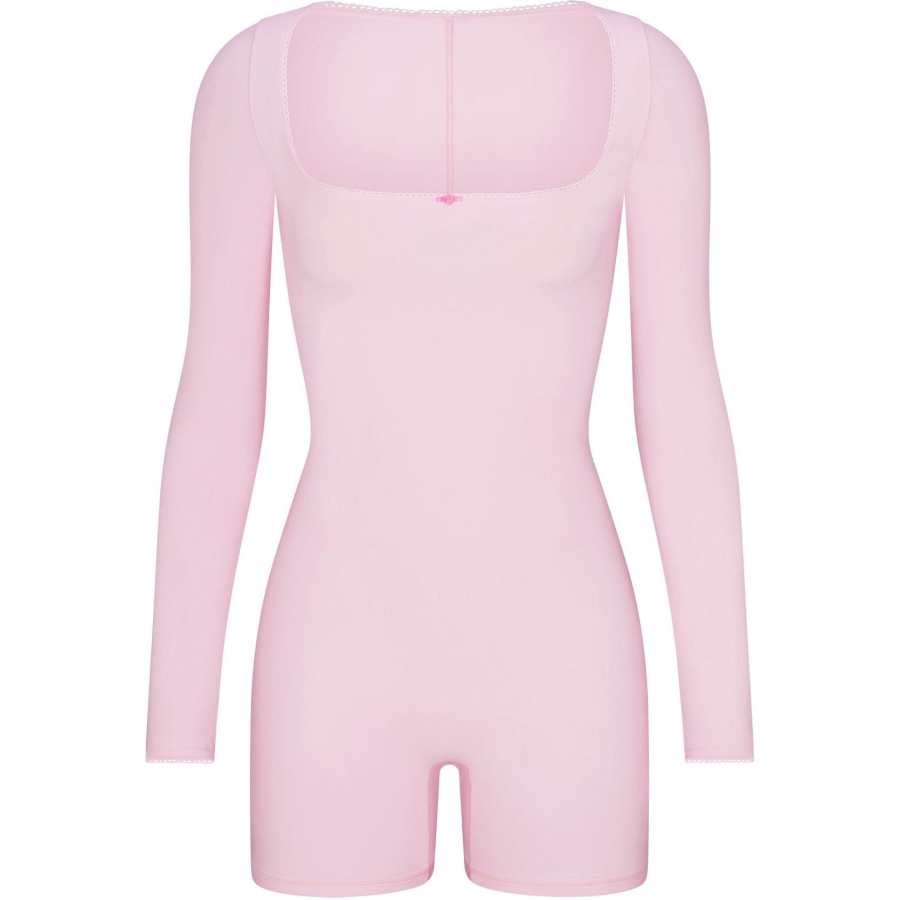 Skims Valentine's Day Collection SIZE FITS EVERYBODY PICOT LONG SLEEVE ONESIE Jumpsuit Women's CHERRY BLOSSOM TONAL/