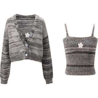 UNIFREE Knitted Fabric Cardigan Tank Top 2 Pcs Set Women's Gray