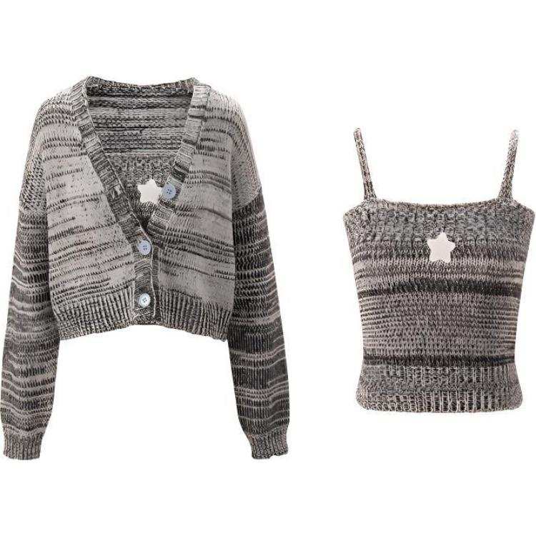 UNIFREE Knitted Fabric Cardigan Tank Top 2 Pcs Set Women's Gray