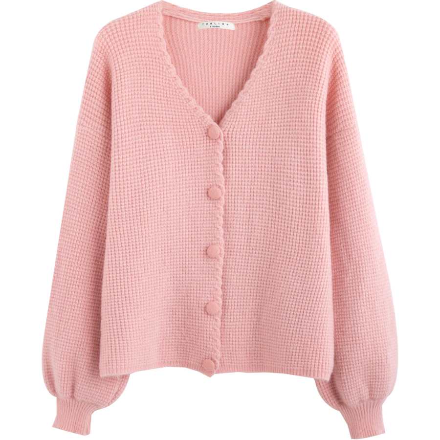 Tonlion Knitwear Women's Pink V Neck Moderate Cardigan