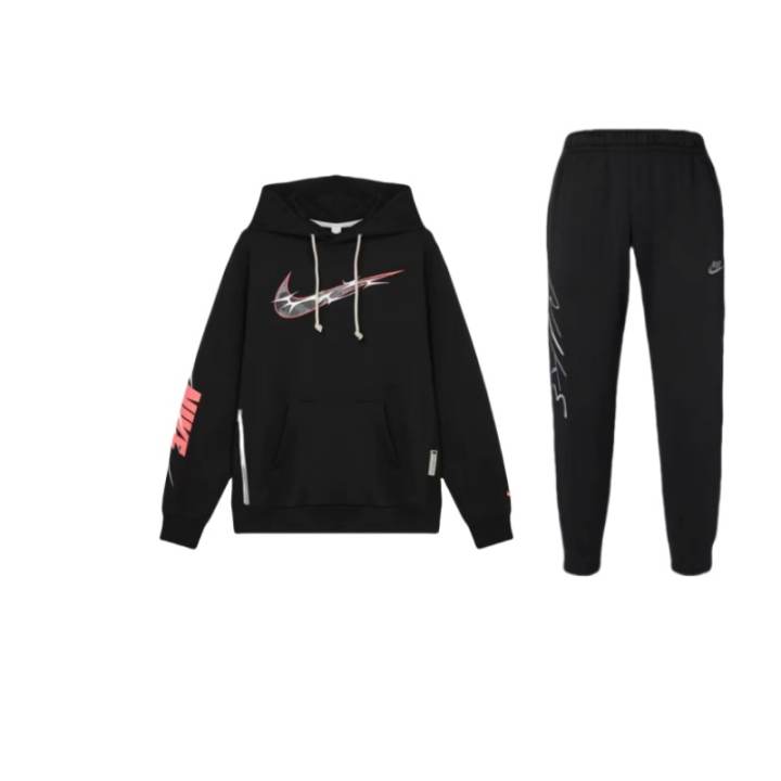 Nike Nike Versatile Fleece Lined Hooded Pullover Long Sleeved Mid Rise Elastic Pants Casual Sportswear Unisex Black