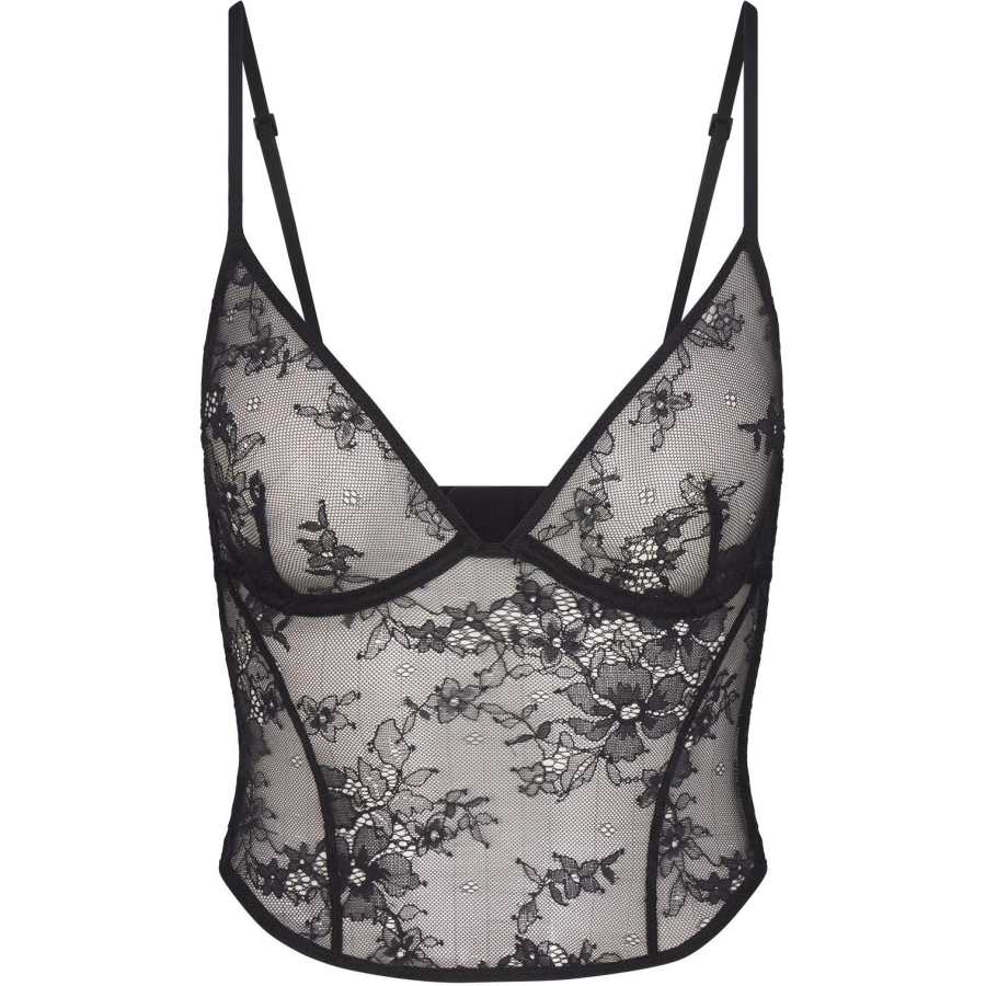 Skims FW24 ULTRA FINE LACE PLUNGE CORSET Camisole Women's Onyx/Onyx