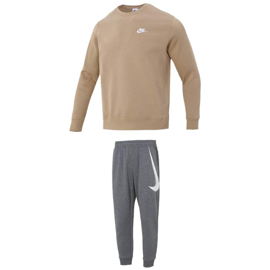 Nike Nike Casual Sportswear Men's Set Brown Top+Gray Pants Crew Neck Thickened And Fleece Lined
